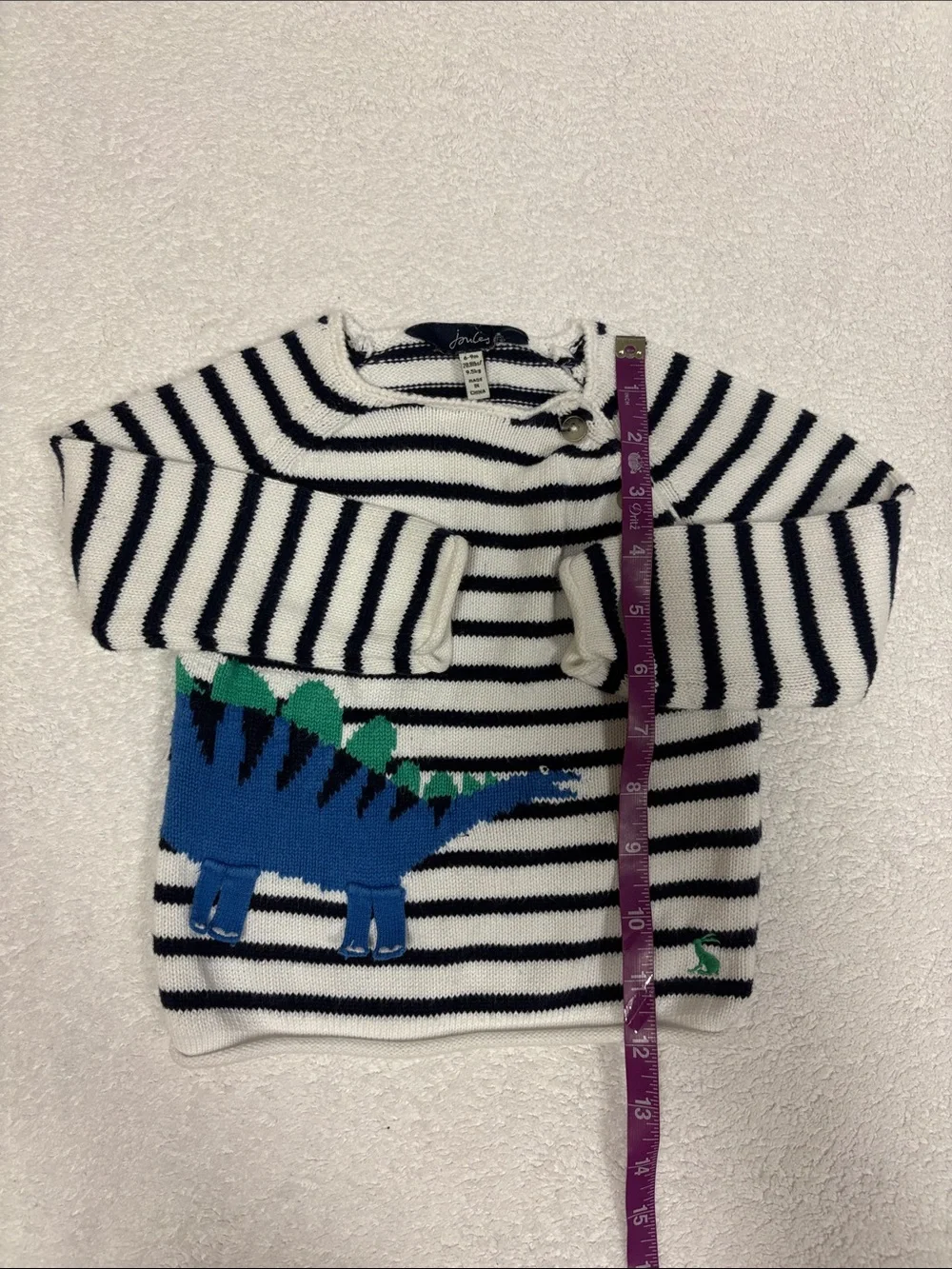 Joules Navy & White Striped Sweater with Blue Dinosaur 6/9m
